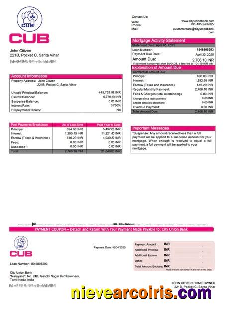 India City Union Bank mortgage statement Word and PDF template